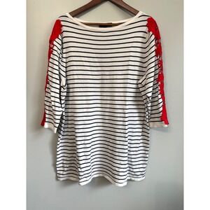 Lane Bryant Stripe 3/4 Sleeve Sweater Tunic Floral Red Lace Sleeve 14/16